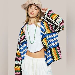 POL Colorful Crocheted Patchwork Open Front Cardigan Sweater Boho Statement